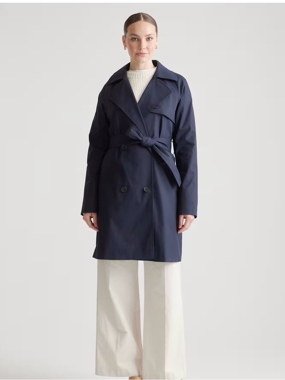 Quince Navy Double-Breasted Comfort Stretch Trench Coat 🧥